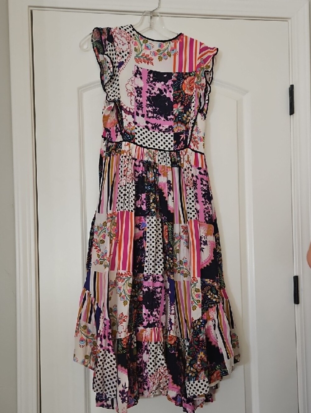Anthropologie Patchwork Midi Dress in Pink, Navy & Gold Accents - Picture 2 of 3